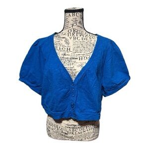 Venezia Royal Blue V-Neck Button-Front Puff Sleeve Crop Cardigan Size 18/20